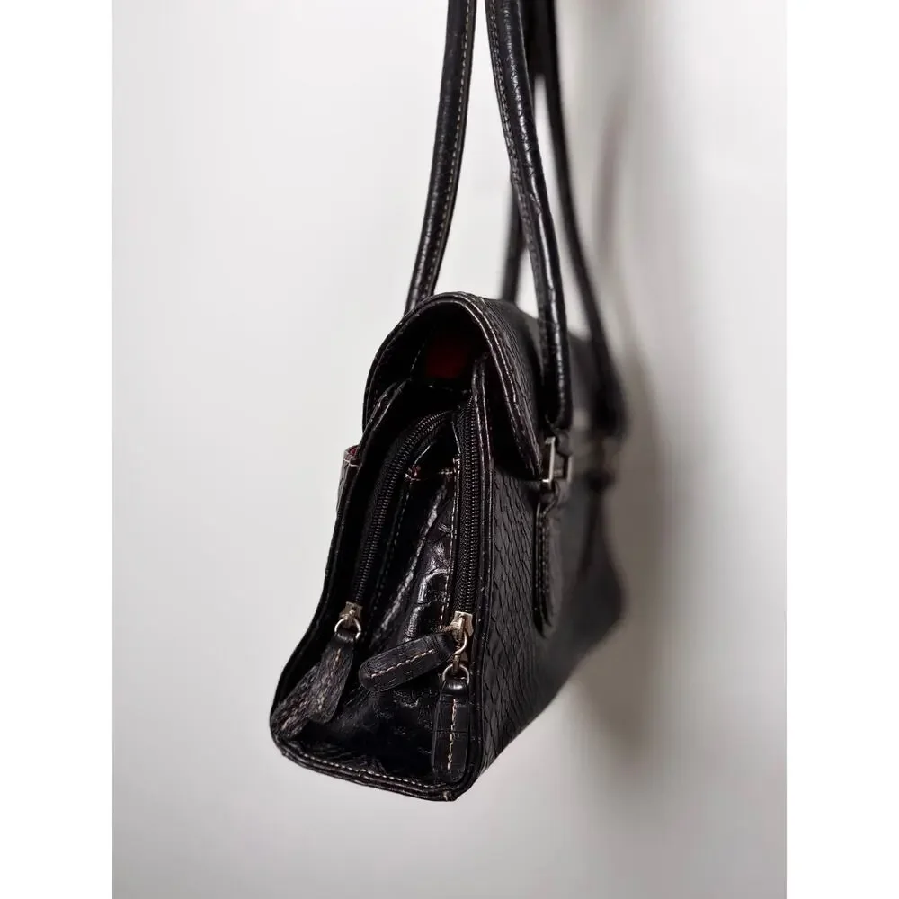 Vintage Y2K Liz Claiborne Black Leather Croc Satchel Bag Roomy Multi Pocketed - Picture 7 of 9